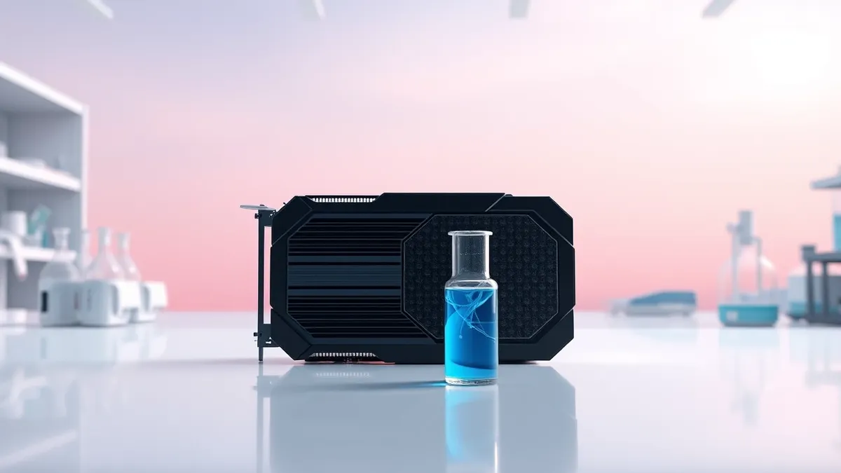 Illustration: A sleek black graphics processing unit sits isolated on a clean white laboratory bench, its metallic surface reflecting soft overhead lights.