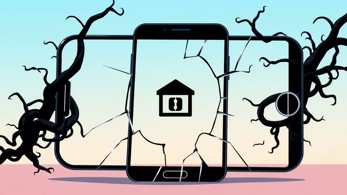 Illustration: A cracked smartphone screen displays a familiar banking interface that subtly glitches into a hollow, wireframe shell.