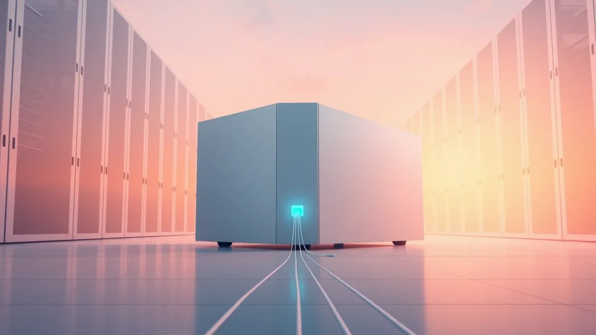 Illustration: A sleek white server node sits in a clean data hall, its single front port glowing with a soft blue pulse.