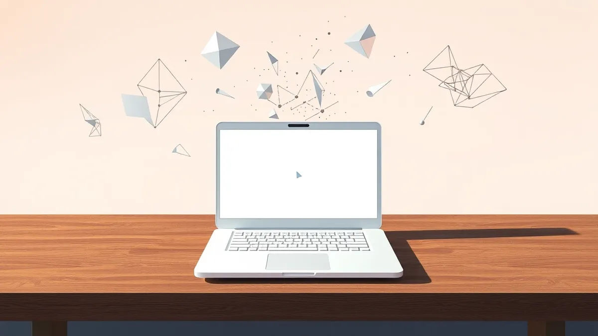 Illustration: A sleek white laptop sits on a wooden desk, its screen displaying a blank interface with a single glowing cursor.