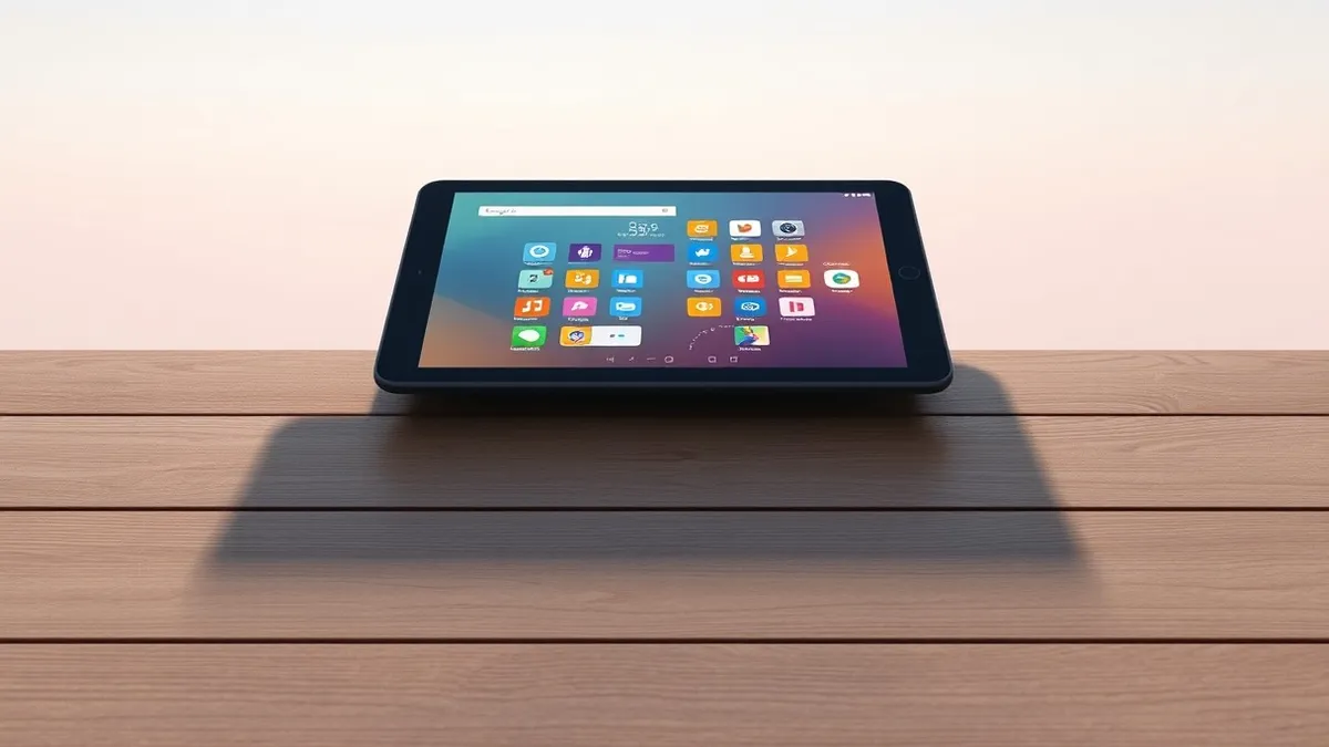 Illustration: A sleek black rectangular tablet rests on a wooden surface.