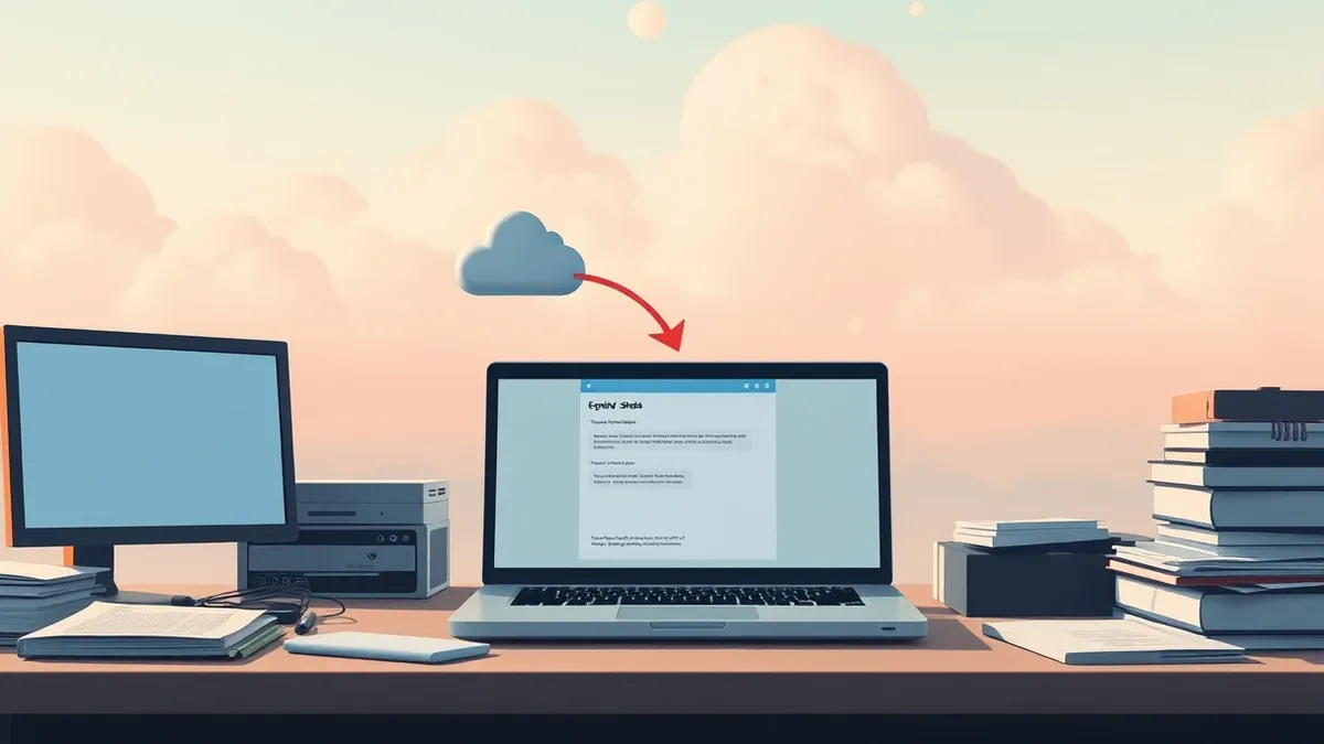 Illustration: A corporate laptop sits on a cluttered office desk, its screen displaying a simple chat interface.
