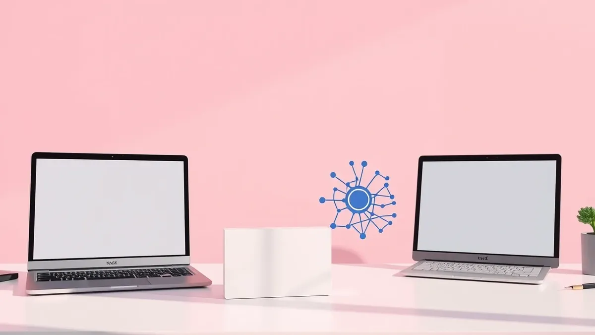 Illustration: A sleek subscription software box sits on a clean desk next to an abstract neural network icon.