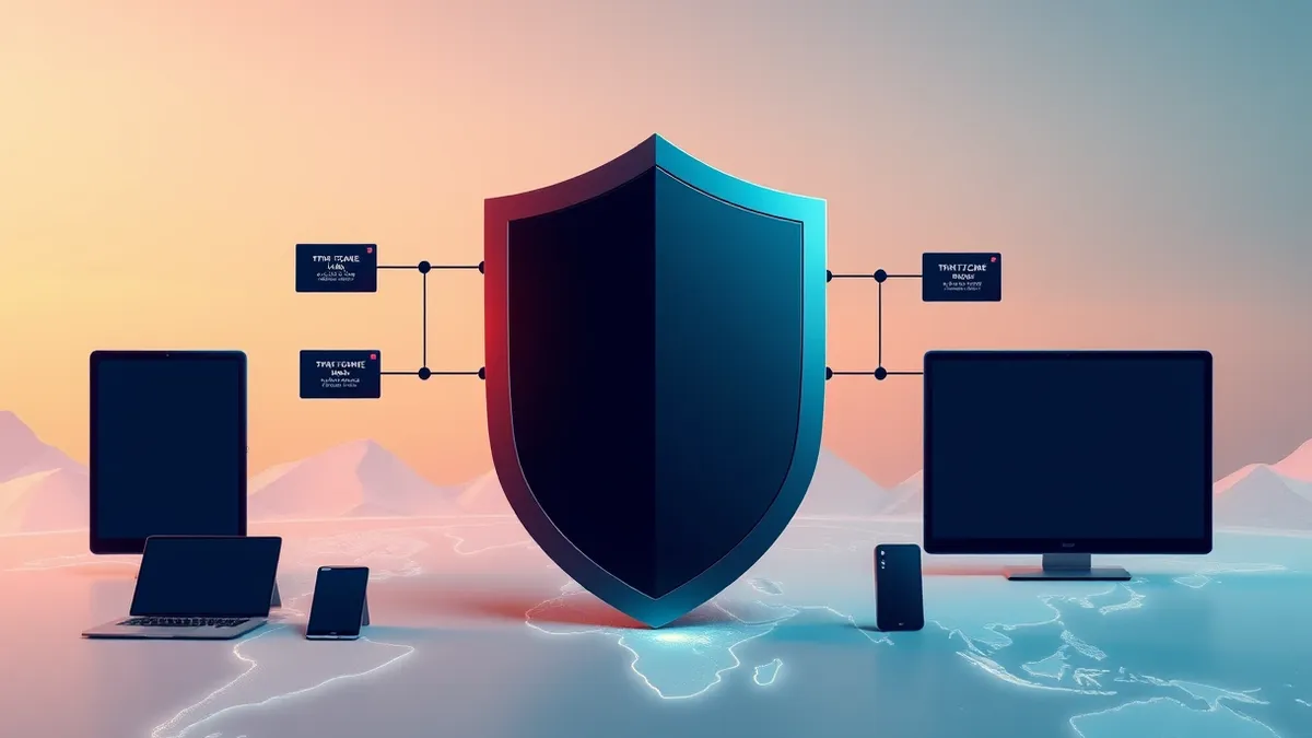 Illustration: A large shield stands guard over a glowing national map, with artificial intelligence nodes actively scanning for threats.