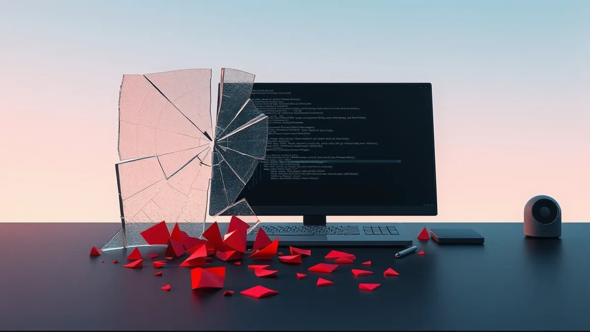 Illustration: A cracked glass surface sits beside a shattered command-line interface window on a dark desk, revealing jagged edges where abstract red warning fragments scatter acro