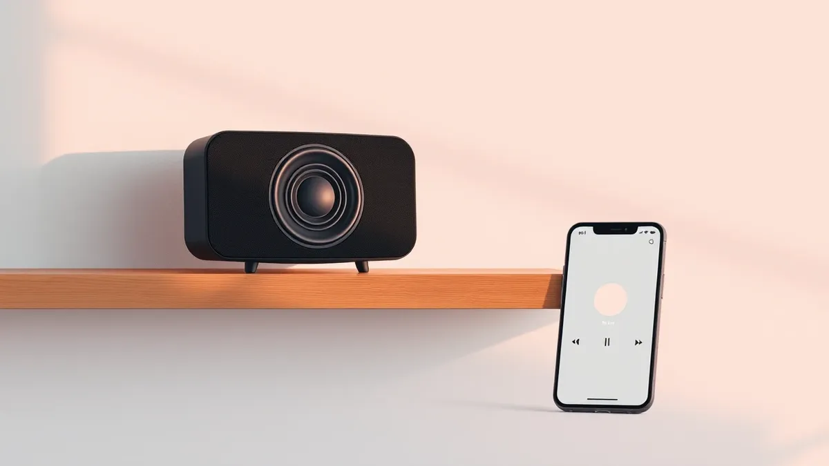 Illustration: A sleek black wireless speaker sits on a wooden shelf, emitting soft concentric sound waves.