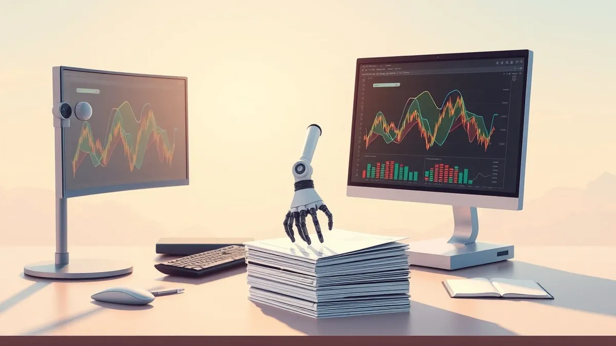 Illustration: A sleek trading desk features a modern computer monitor displaying abstract data visualizations and flowing geometric patterns.