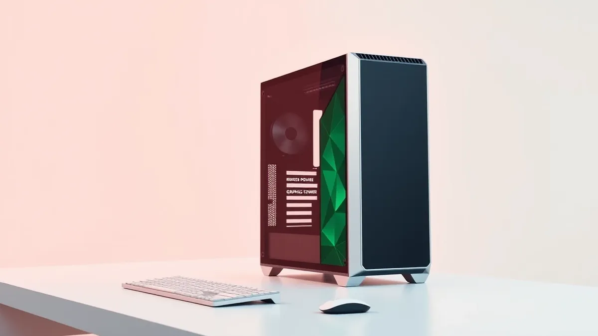Illustration: A sleek, modern desktop computer tower sits on a clean white desk beside a minimalist keyboard and mouse.
