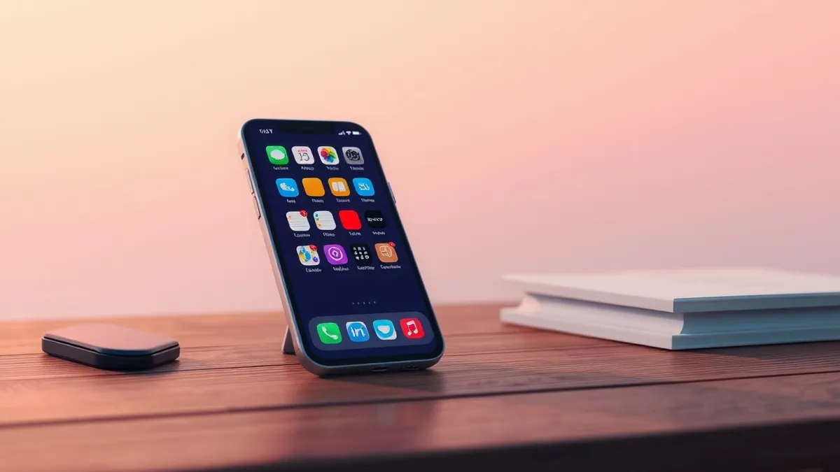 Illustration: A single smartphone sits on a wooden desk with its screen displaying a grid of colorful app icons.