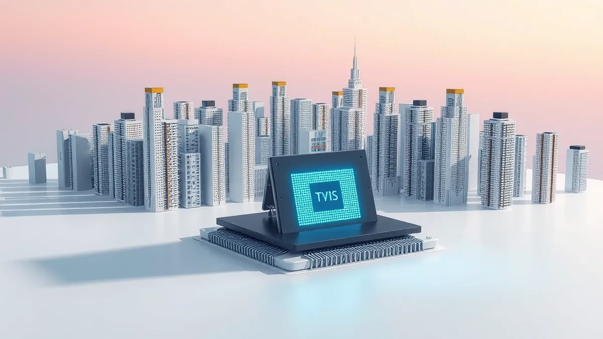 Illustration: A square black computer chip sits on a clean white surface, featuring rows of tall silver memory modules rising around its edges like a dense city skyline.
