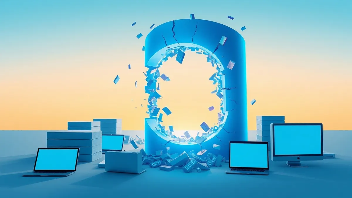 Illustration: A glowing blue database cylinder cracks open under pressure, with jagged data fragments spilling out from a heap overflow breach.
