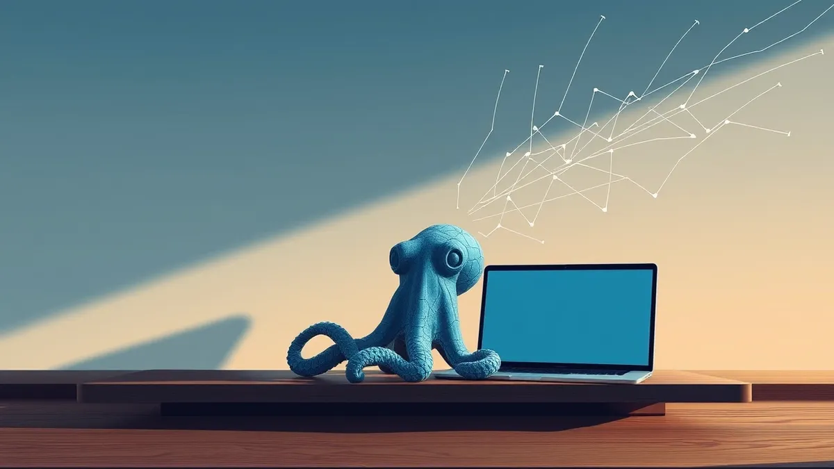Illustration: A cracked blue octopus head rests on a wooden desk next to a blank laptop screen.