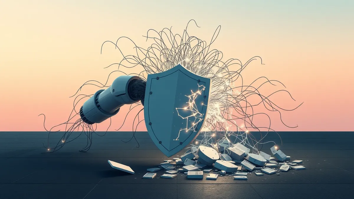 Illustration: A chaotic tangle of glowing digital threads erupts from a sleek, autonomous robotic arm, wrapping tightly around a shattered traditional security shield.