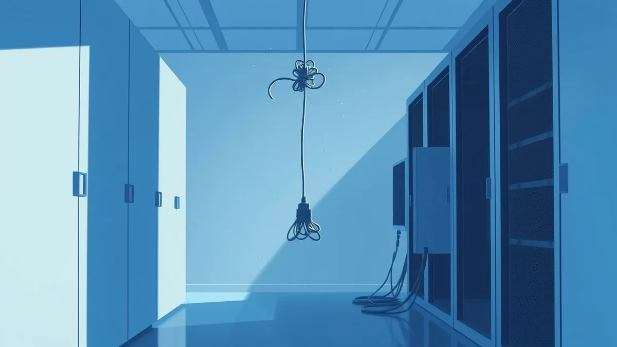 Illustration: A single unsecured network cable dangles loosely from a tangled bundle inside a dimly lit server room, connecting a generic terminal to a wall socket.