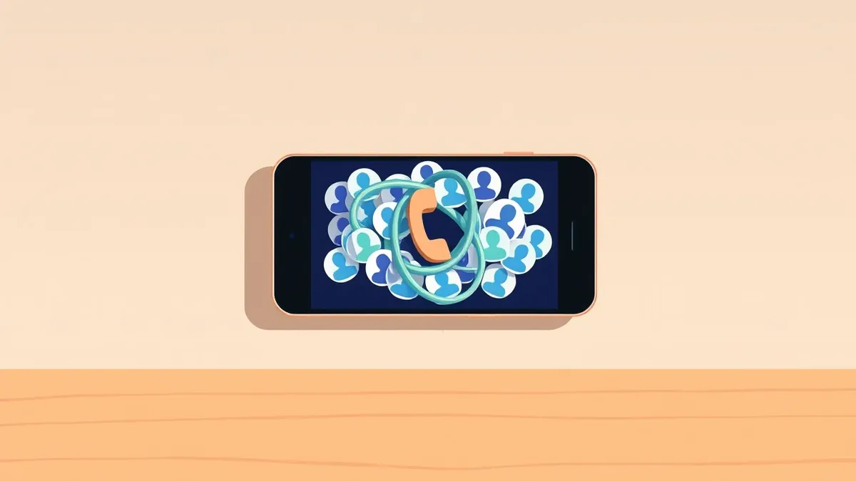 Illustration: A smartphone rests on a wooden table, its screen displaying multiple overlapping account profile icons that have merged into a single tangled knot of blue and green s
