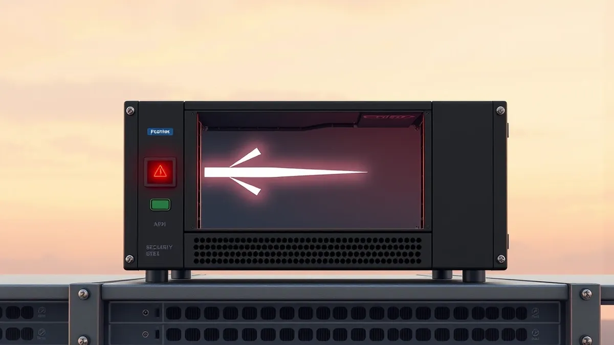 Illustration: A generic network security firewall appliance sits on a metal rack.