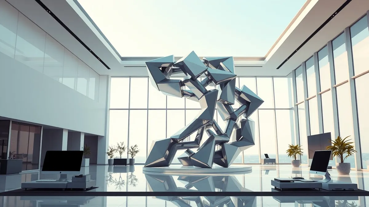Illustration: A sleek, modern office lobby features a large abstract sculpture made of interlocking metallic geometric shapes.
