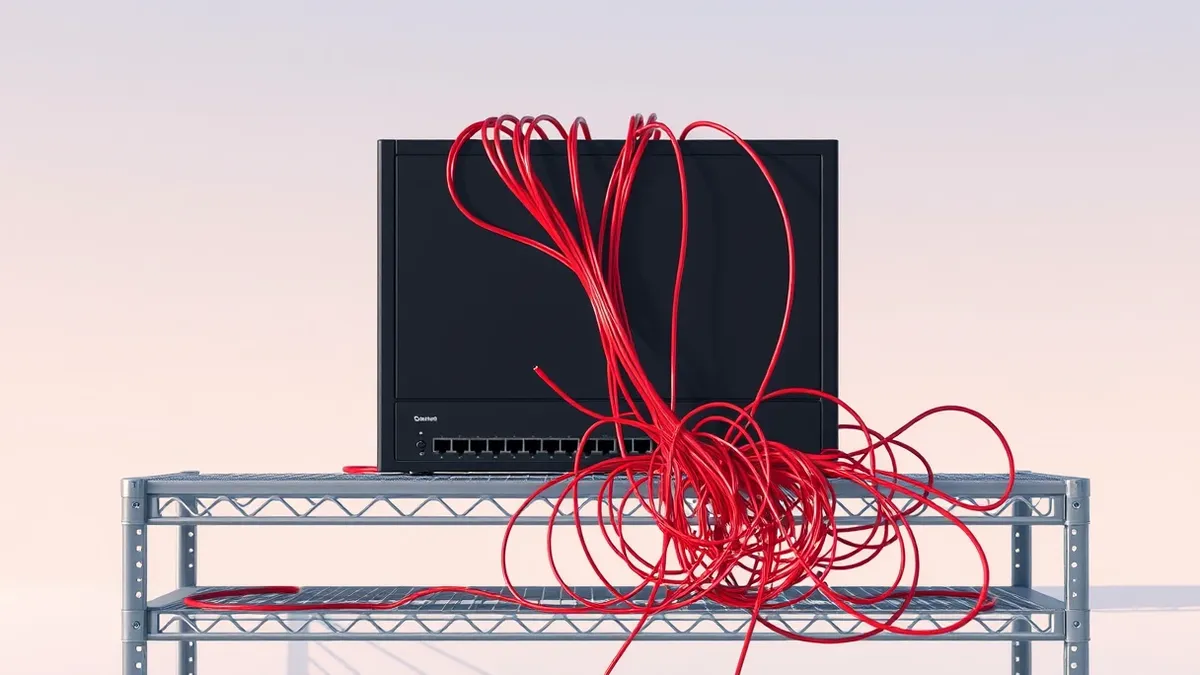 Illustration: A sleek black network appliance sits on a metal shelf with blank panel indicators.