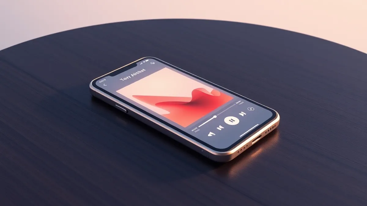 Illustration: A sleek silver smartphone rests on a dark wooden table, its screen displaying a minimalist music player interface with soft geometric waveforms.