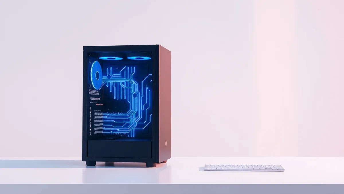 Illustration: A sleek black computer tower sits on a clean white desk.