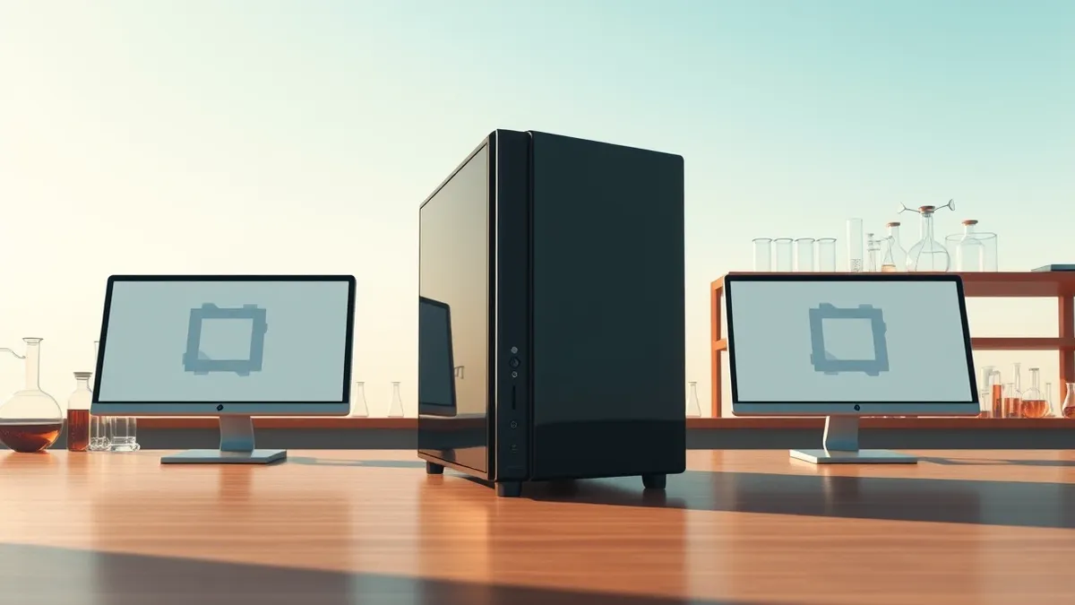 Illustration: A sleek black server tower sits on a polished wooden desk in a sunlit university laboratory.