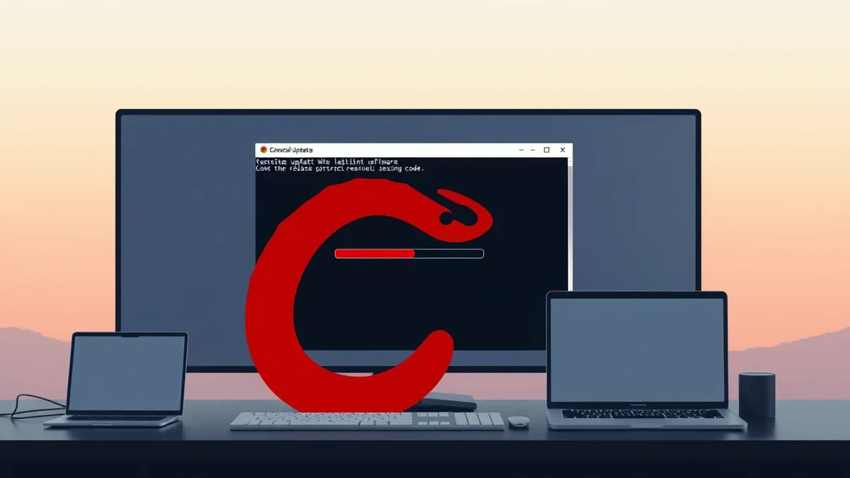 Illustration: A sleek command-line interface window displays a progress bar downloading a malicious update.