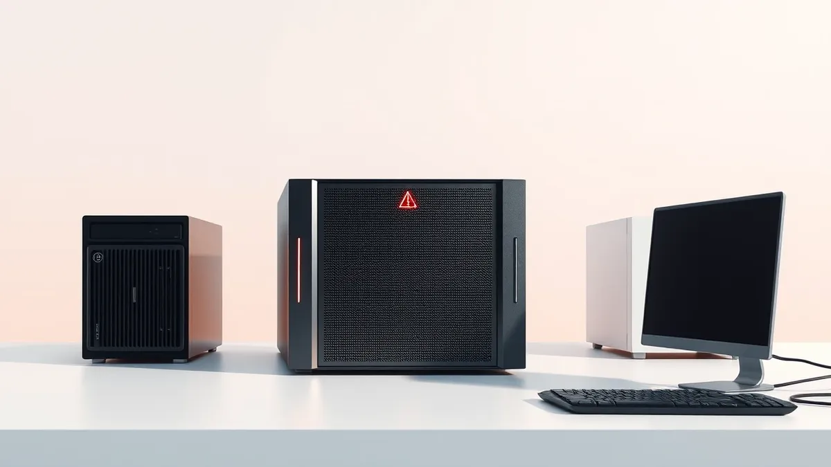 Illustration: A sleek, modern server chassis sits isolated on a clean white desk.