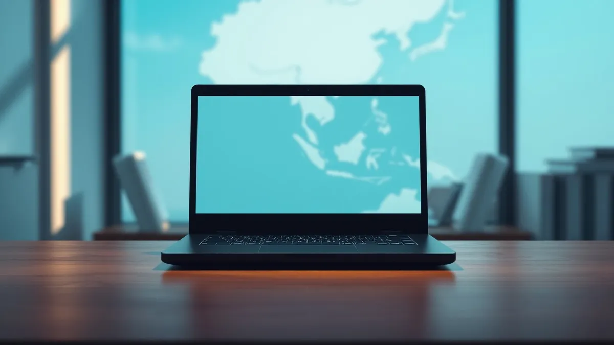 Illustration: A sleek black laptop sits open on a wooden desk in a dimly lit office.