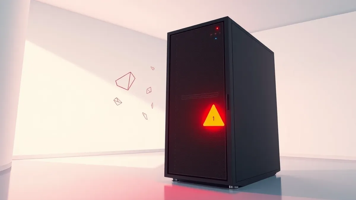 Illustration: A sleek black server rack stands in a sterile white room, its front panel dominated by a single, bright red warning light.
