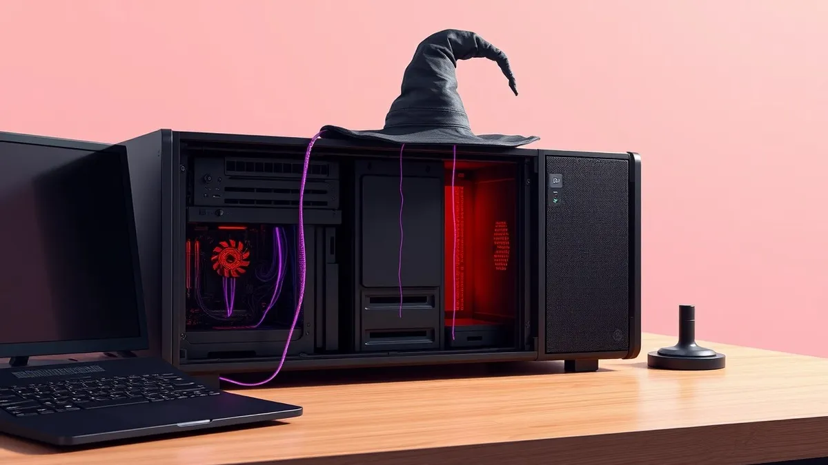 Illustration: A sleek black media server sits on a wooden desk with its drive bays open.
