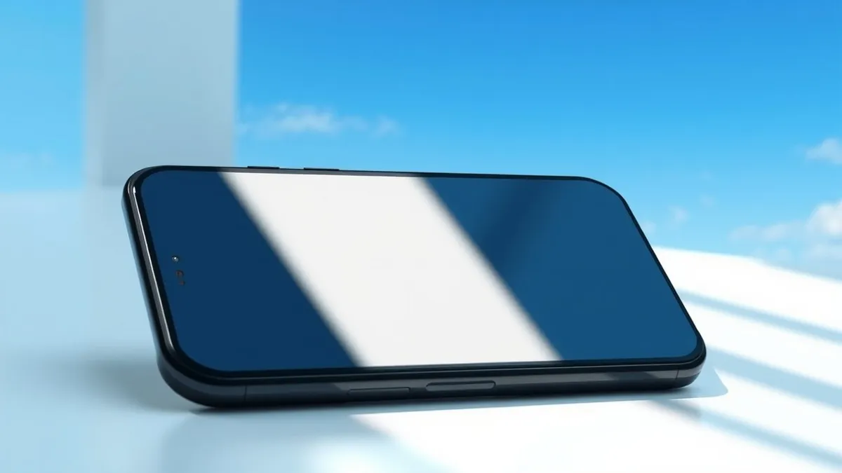 Illustration: A sleek black smartphone lies flat on a pristine white surface, its curved glass screen reflecting soft ambient light from a nearby window.