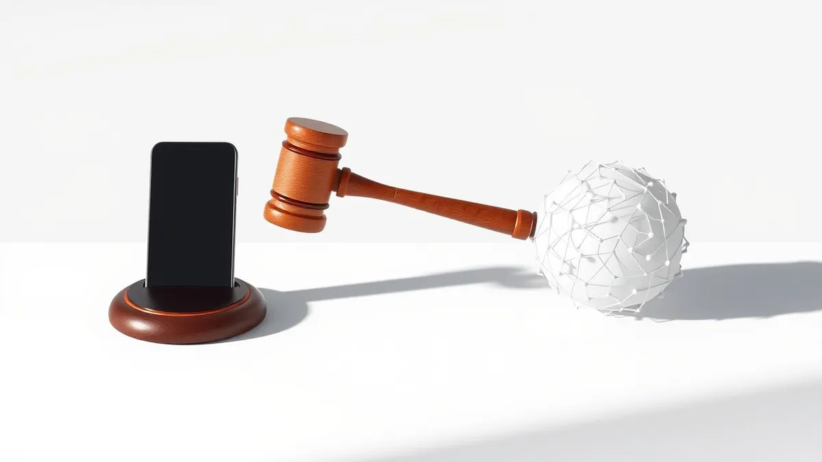 Illustration: A sleek black smartphone and a white neural network sphere sit on either side of a thick wooden gavel.