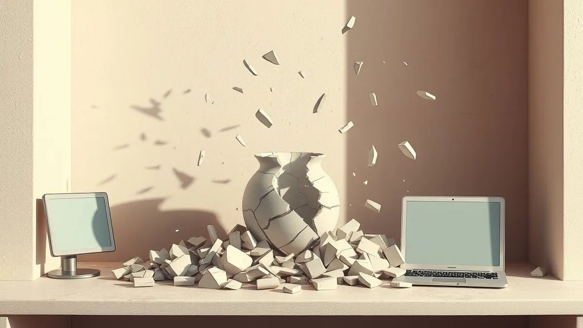Illustration: A cracked ceramic vase sits on a dusty shelf, its pieces spilling out to form the scattered, disorganized fragments of a digital website layout.