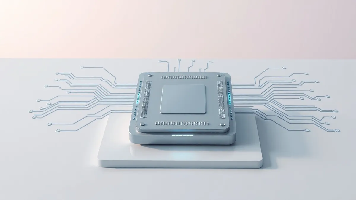 Illustration: A sleek silver processor chip rests on a clean white desk.