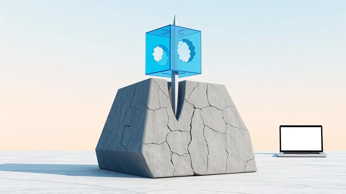Illustration: A small, translucent blue cube floats above a larger, cracked gray stone block.
