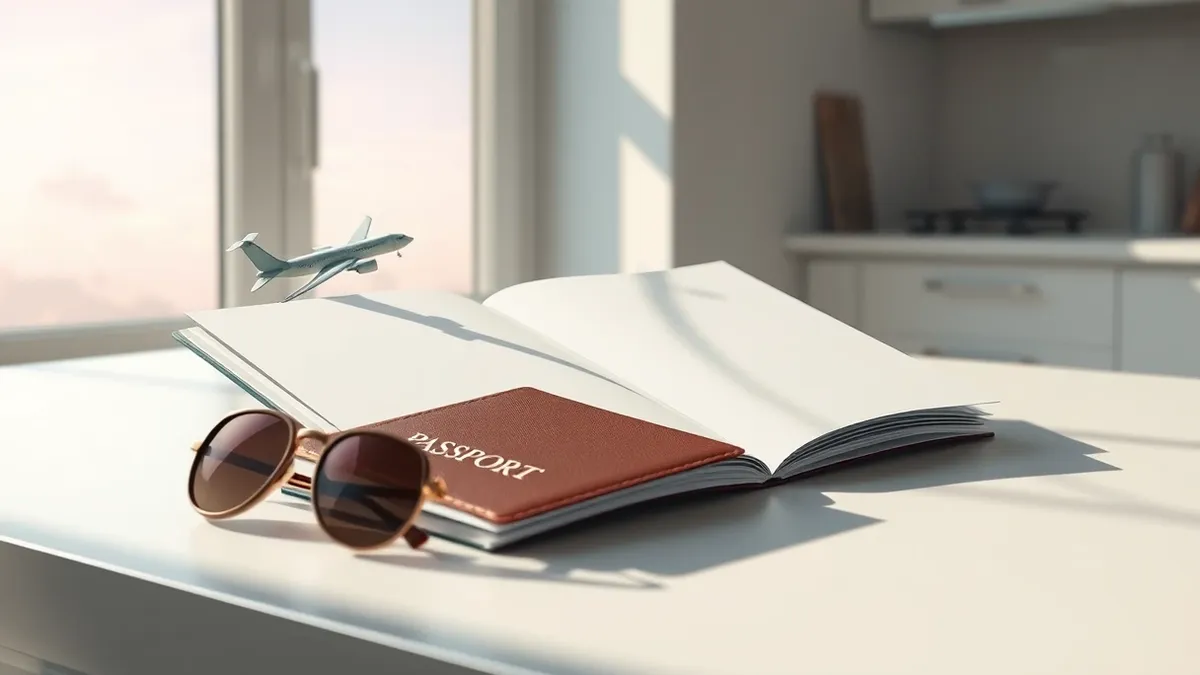 Illustration: A leather passport lies open on a kitchen table next to a pair of sunglasses.