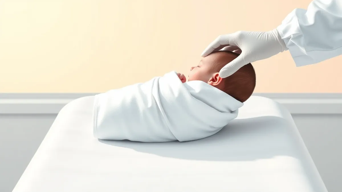 Illustration: A sterile hospital examination table holds a tiny infant swaddled in a plain white blanket.