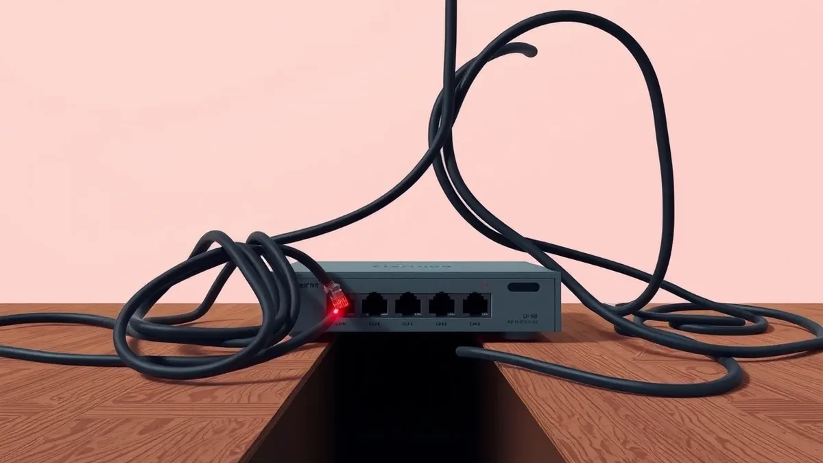 Illustration: A tangled knot of black Ethernet cables connects to a small gray network switch sitting on a wooden desk.