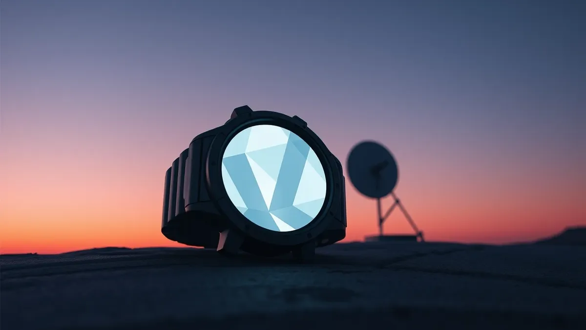 Illustration: A rugged smartwatch with a thick titanium case rests on a smooth stone surface.