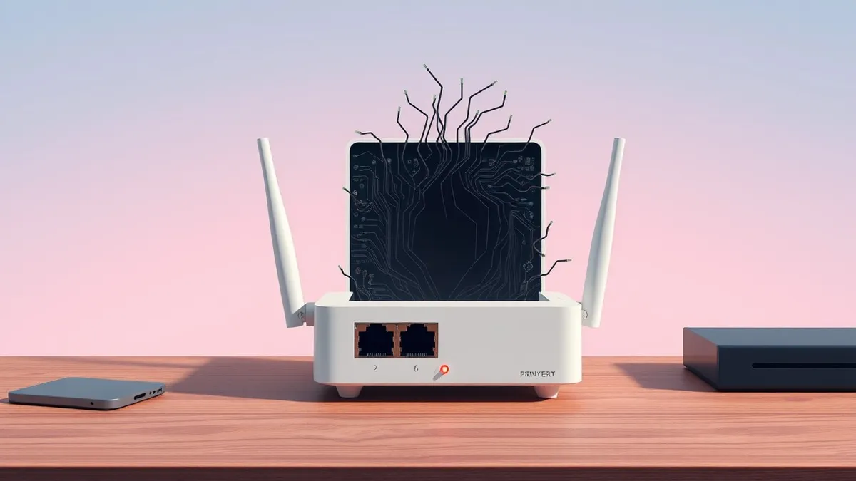 Illustration: A small white network router sits on a wooden desk, its single LED blinking red.