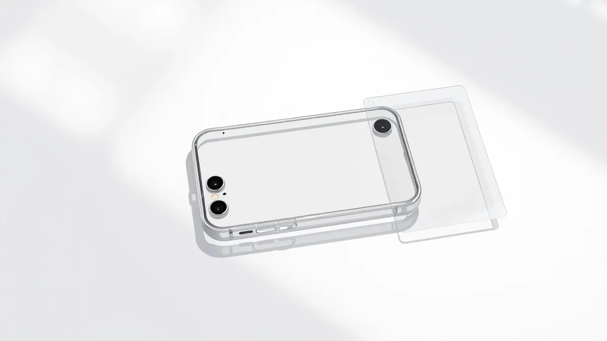 Illustration: A clear plastic protective case rests on a white surface next to a transparent screen protector sheet.