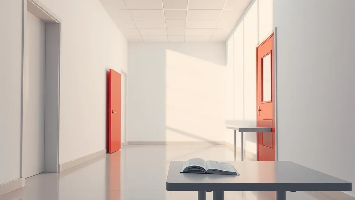 Illustration: A closed red door stands slightly ajar at the entrance of a quiet clinic hallway.