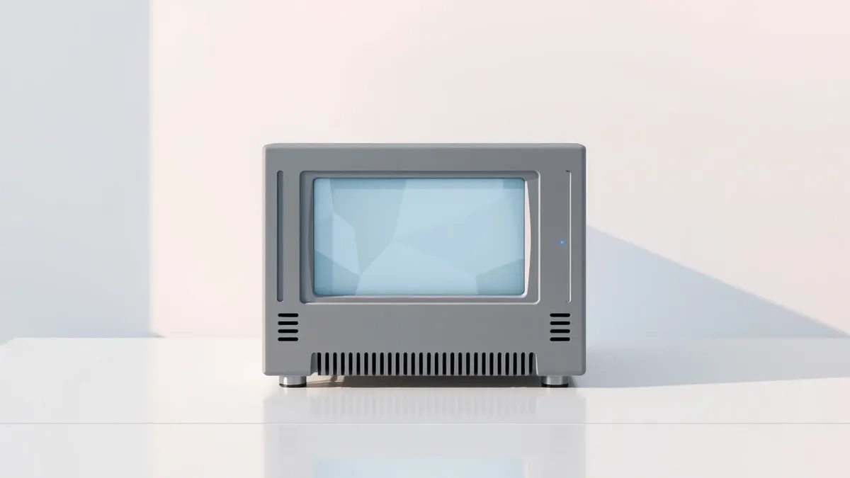 Illustration: A sleek gray network appliance sits on a clean white desk, its front panel displaying abstract geometric shapes on a blank screen.