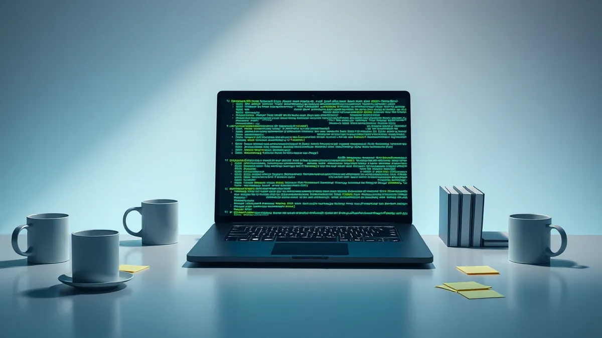 Illustration: A sleek black laptop sits on a clean desk, its screen displaying rows of rapidly scrolling abstract code lines in bright green and blue.