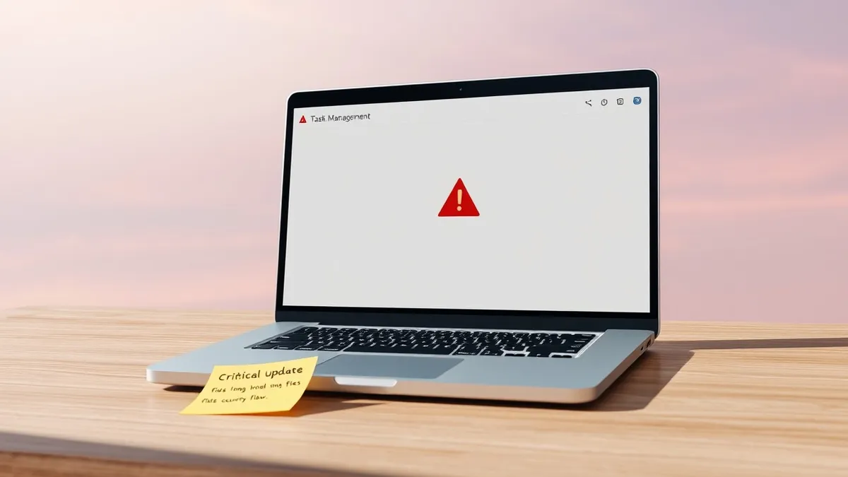Illustration: A white task management dashboard displays a single red warning triangle on a blank screen.