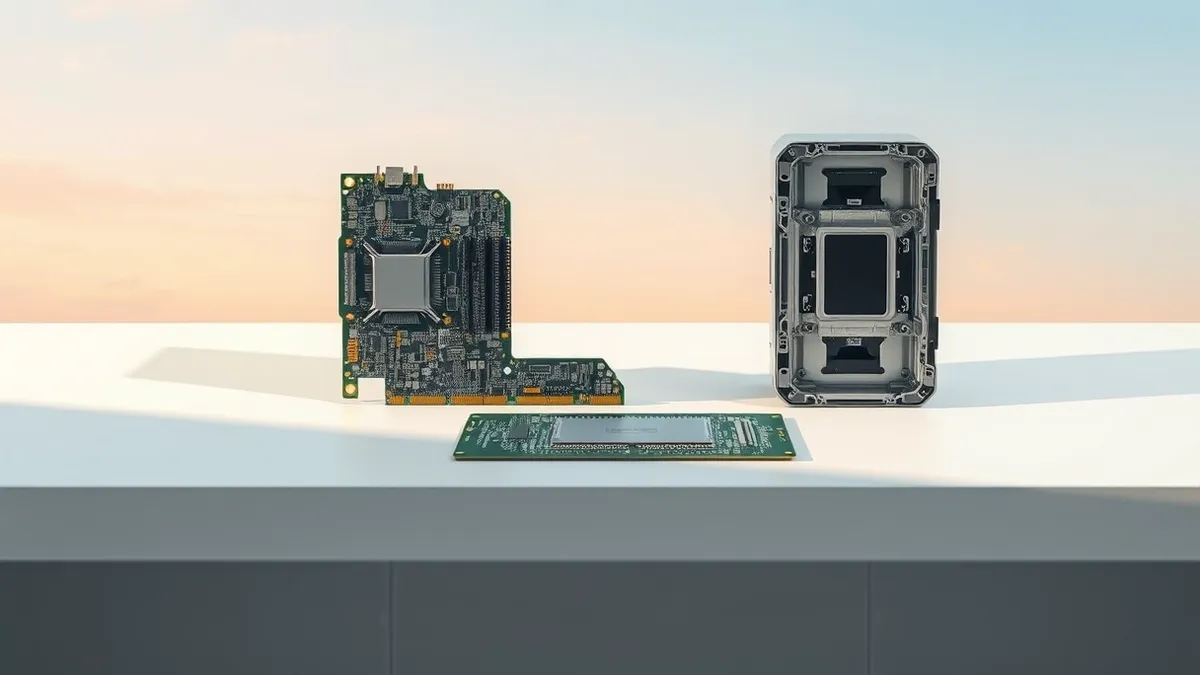 Illustration: A single bare circuit board sits on a clean white workbench, its central processing area empty and awaiting a missing memory module.