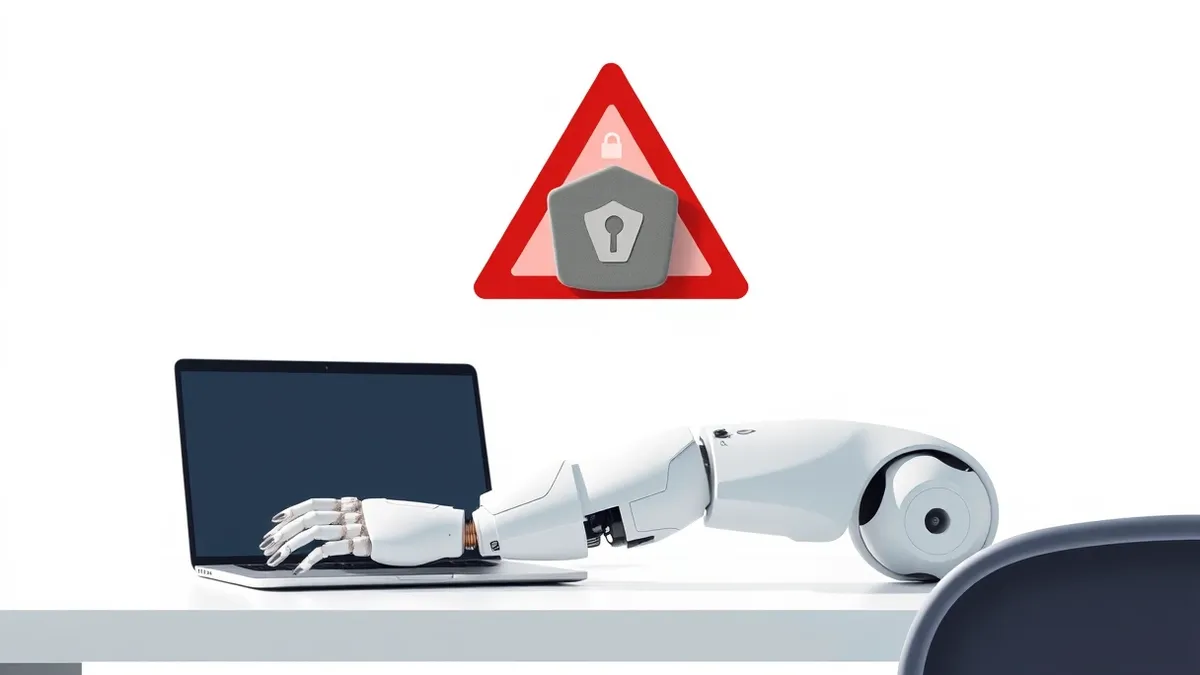 Illustration: A sleek white robot arm rests on a clean desk beside a laptop with a blank screen.