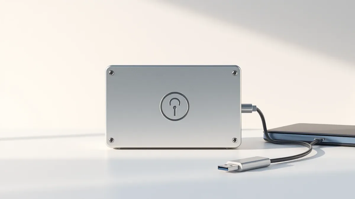 Illustration: A silver hardware security module sits on a white desk, its metal casing featuring a small circular lock icon embossed in the center.