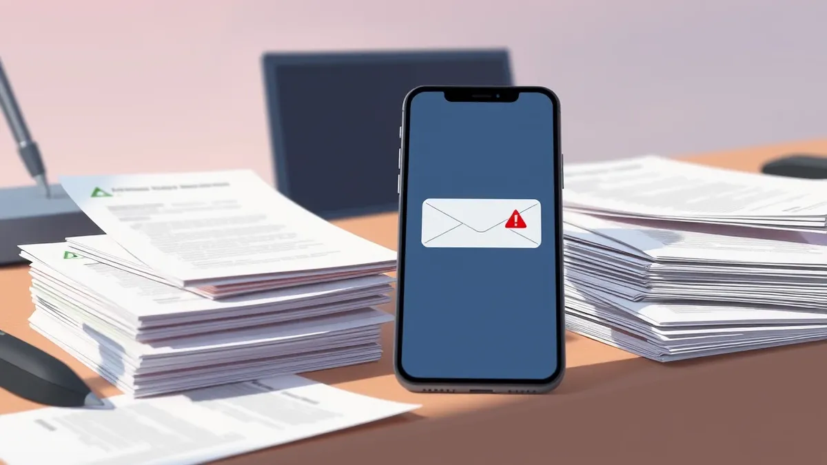 Illustration: A smartphone rests on a cluttered desk beside a stack of blank printed resumes.