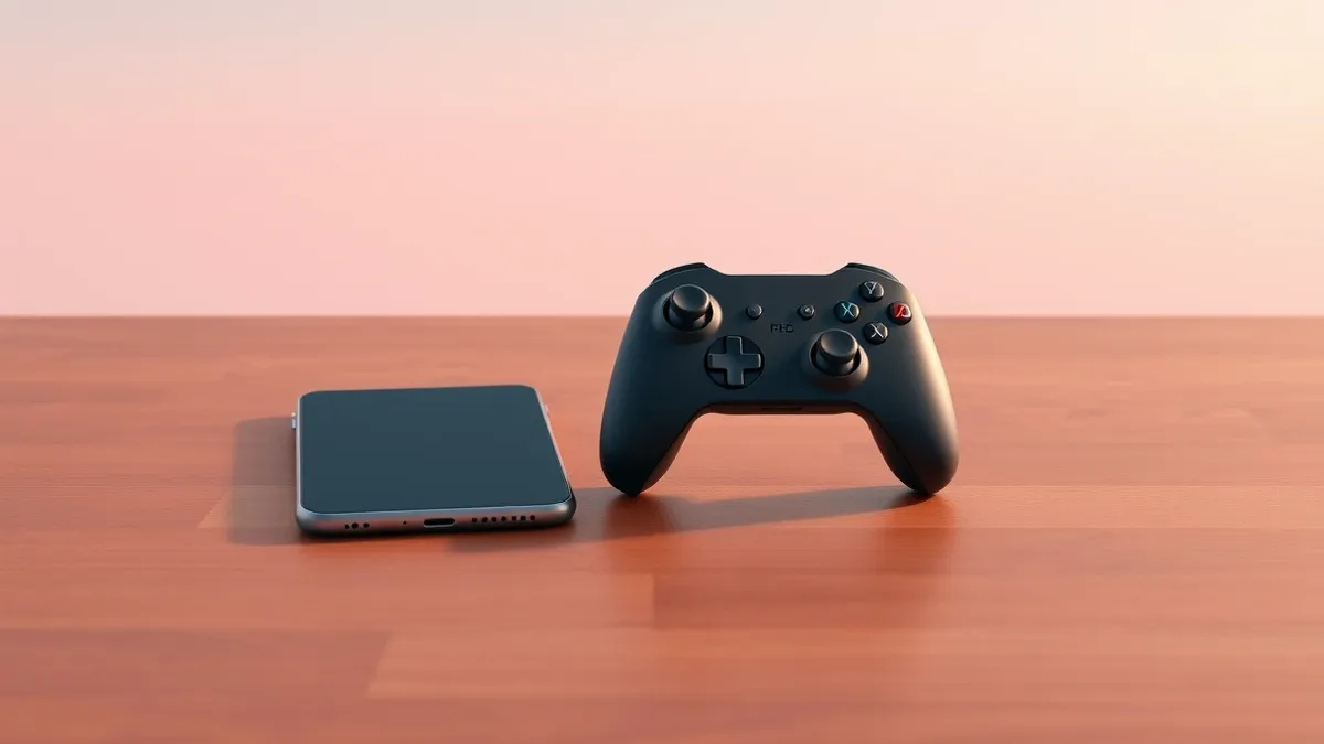 Illustration: A tiny, matte-black wireless game controller rests on a polished wooden surface next to a standard smartphone for scale.
